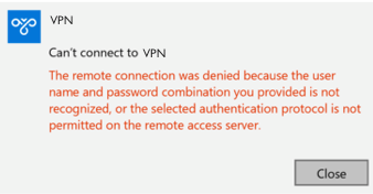 Cant connect to VPN - The remote connection was denied