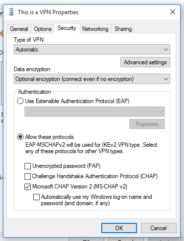 VPN properties security tab